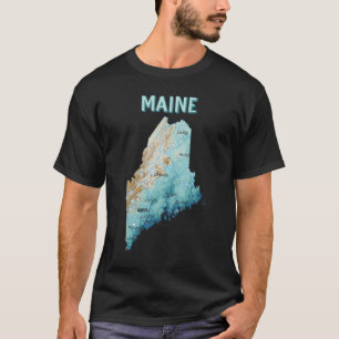 Camiseta Mapa Físico do Estado do Maine  Principais Cidades
