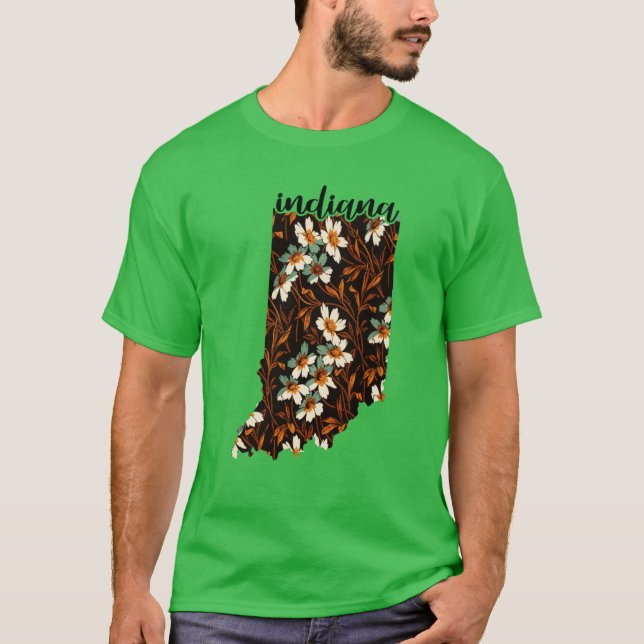 Camiseta Mapa Floral dos Estados Unidos Mapa de Indiana do  (Frente)