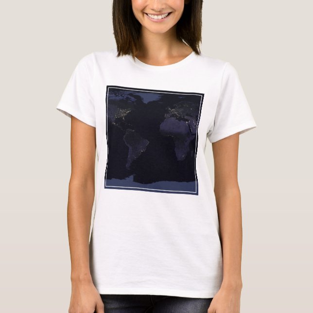 Camiseta Mapa Global das Luzes da Cidade da Terra à Noite. (Frente)