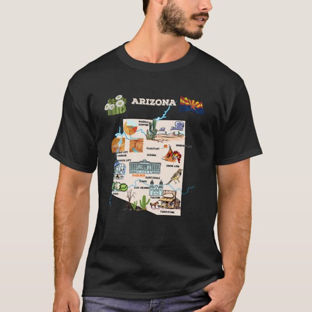 Camiseta Mapa ilustrado da Arizona nas cidades dos EUA simb (Frente)