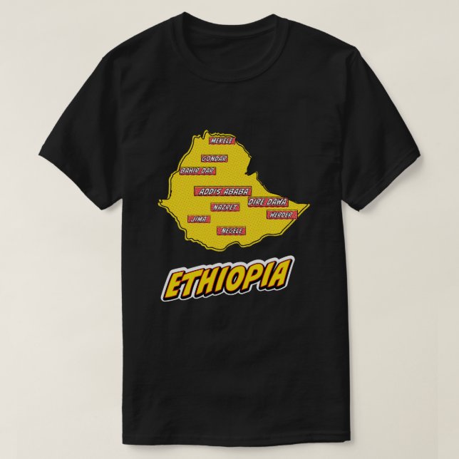 Camiseta Mapa ilustrado da Etiópia em Pop Art (Frente do Design)