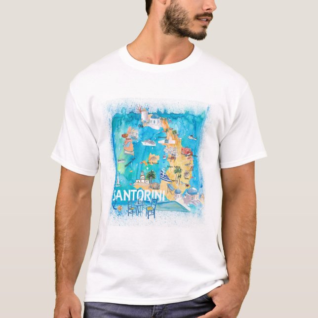 Camiseta Mapa ilustrado da Grécia Santorini com as estradas (Frente)