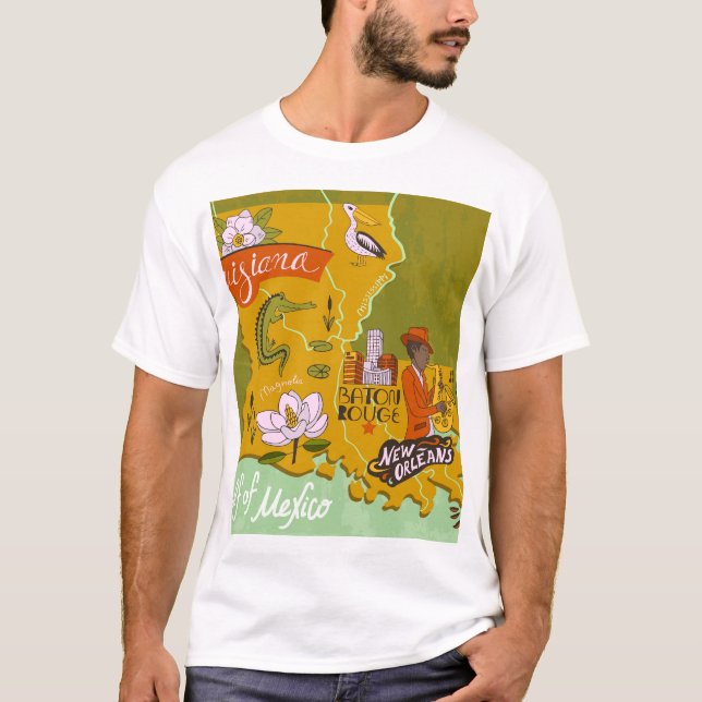 Camiseta Mapa ilustrado da Louisiana: destaques de viagem. (Frente)