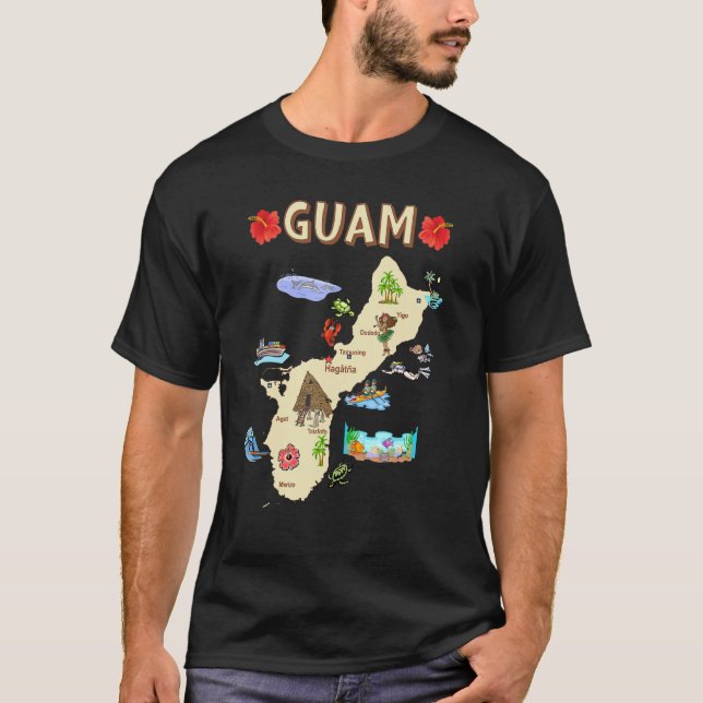 Camiseta Mapa Ilustrado De Guam Com As Grandes Cidades E (Frente)