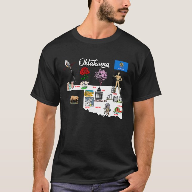 Camiseta Mapa ilustrado de Oklahoma nas cidades dos EUA sim (Frente)