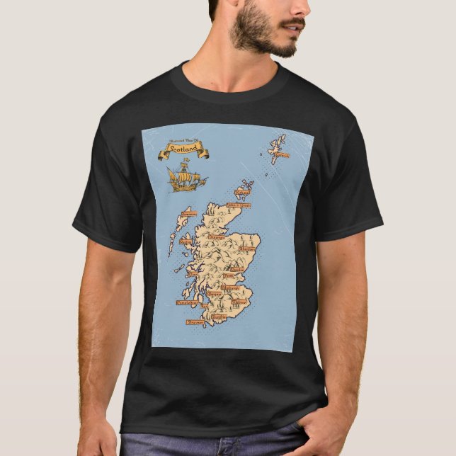 Camiseta Mapa ilustrado de Viagem da Escócia (Frente)