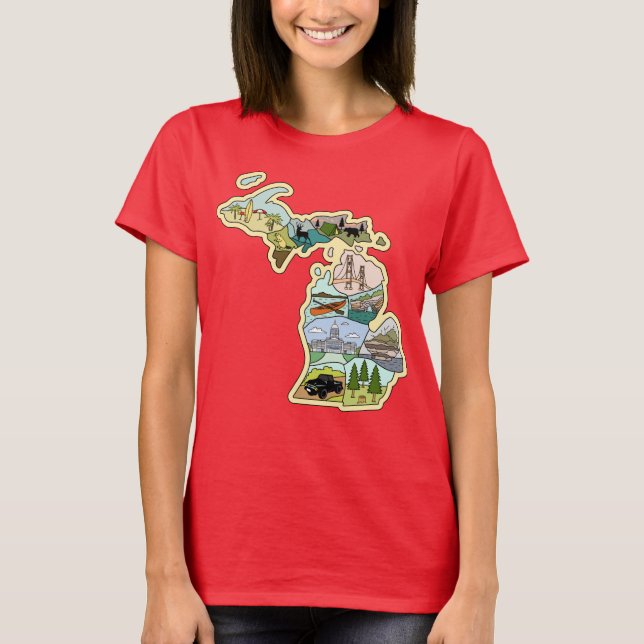 Camiseta Mapa Ilustrado do Estado do Lago excelente Michiga (Frente)
