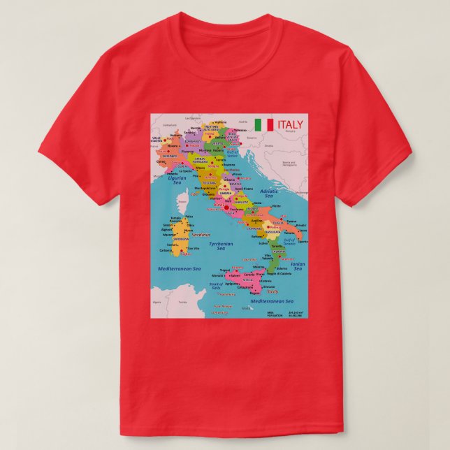 Camiseta Mapa italiano com regiões e principais cidades (Frente do Design)