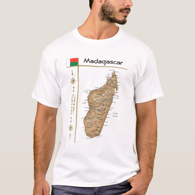 Camiseta Mapa Madagáscar + Sinalizador + Título T-Shirt (Frente)