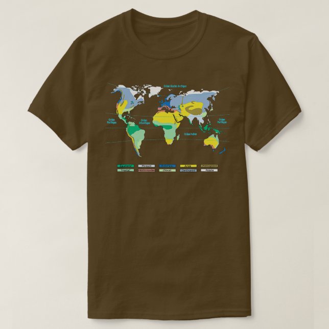 Camiseta Mapa Mundial com Zonas Climáticas: (Frente do Design)