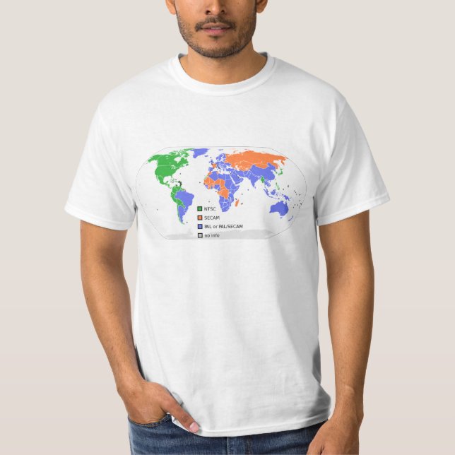 Camiseta Mapa mundial da TV SECAM PAL NTSC (Frente)