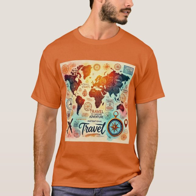 Camiseta Mapa Mundial de Aquarela com Compass (Frente)