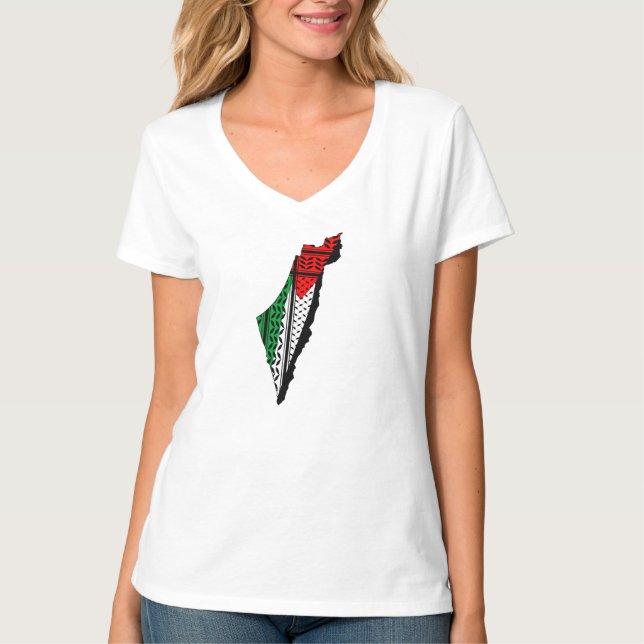 Camiseta Mapa Palestino que Bandeira e Padrão Keffiyeg (Frente)