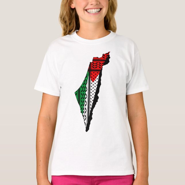 Camiseta Mapa Palestino que Bandeira e Padrão Keffiyeg (Frente)