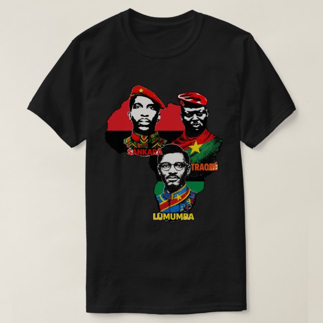 Camiseta Mapa Pan-Africano – Sankara, Traoré e Lumumba (Frente do Design)