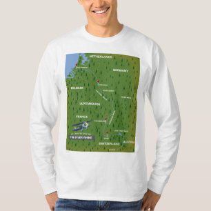 Camiseta Mapa retro de viagem do rio Reno. Arte de parede d