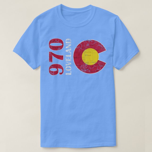 Camiseta Mapa Retro Fade de Loveland Colorado 970 (Frente do Design)