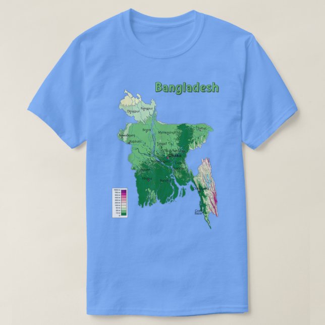 Camiseta Mapa topográfico de Bangladesh, mapa de alivios, m (Frente do Design)