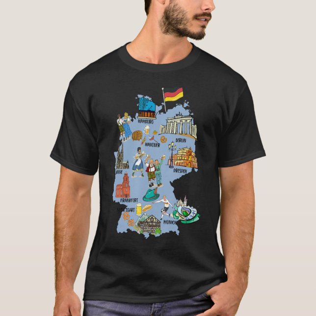 Camiseta Mapa turístico da Alemanha com marcos, bandeira e  (Frente)