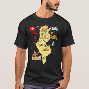 Camiseta Mapa Turístico da Tunísia Principais Cidades Em Ba