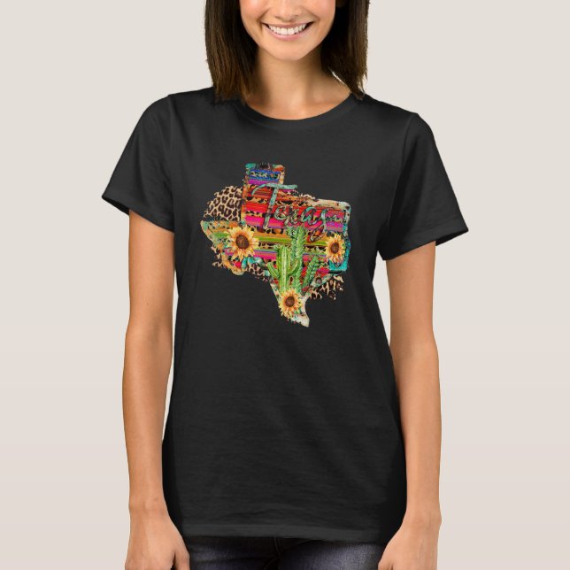 Camiseta Mapa TX Western Aztec Leopardo Girassol Cacto Sera (Frente)