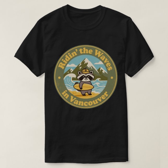 Camiseta Mapache Surfista Vintage de Vancouver (Frente do Design)