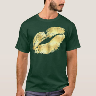 Camiseta Maquiagem Beijo de Batom Impresso Dourado Feminino