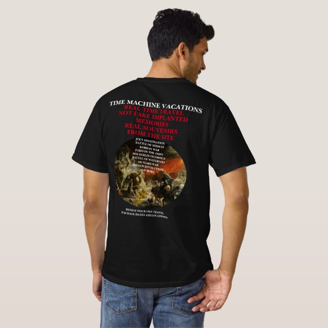 CAMISETA MÁQUINA DO TEMPO VIAGEM LONDRES PESTE NEGRA 1348 (Parte Traseira Completa)