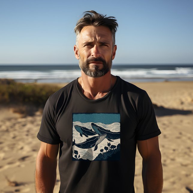 Camiseta Mar de Baleias Surf Costeiro do Oceano Atlântico V (Three blue whales under the ocean waves, a bold design for nature lovers.)
