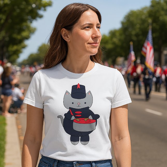 Camiseta Marching Band Cat Navy Blue Red (A tshirt featuring a gray cat wearing a navy blue & red marching band uniform playing the drums.)