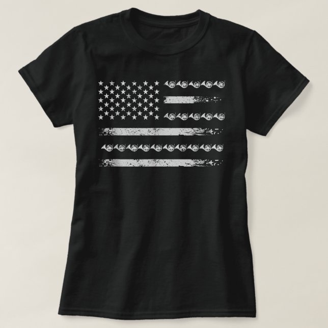 Camiseta Marching Banda Brass Horn Musical - EUA Flag Frenc (Frente do Design)