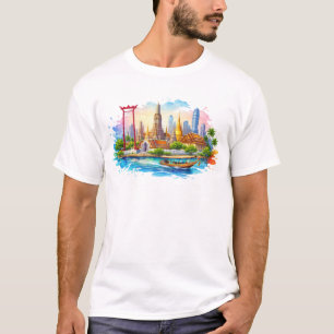 Camiseta Marcos de Bangkok com templos rio e arranha-céus d