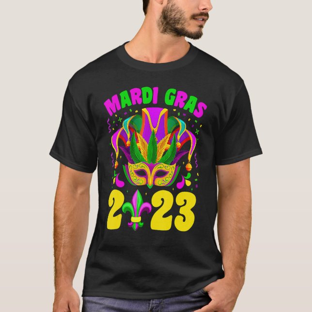 Camiseta Mardi Gras 2023 Mask Miçangas Engraçadas Masculiná (Frente)