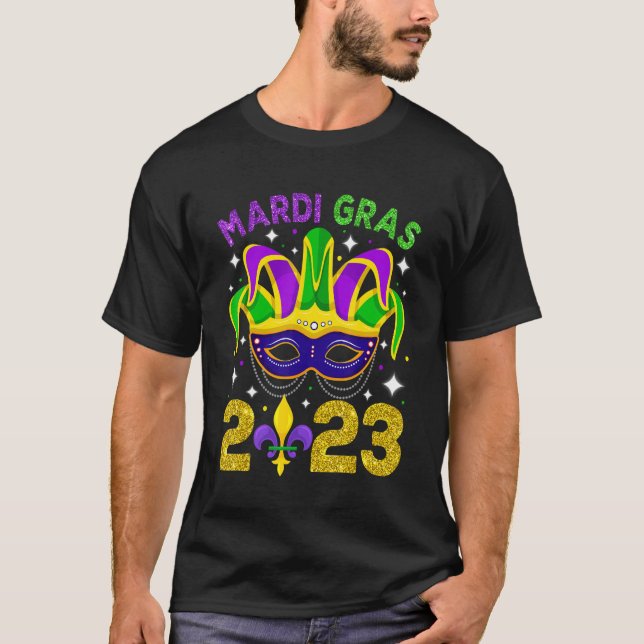 Camiseta Mardi Gras 2023 Miçangas Mascaradas Mulheres Menin (Frente)