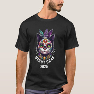 Camiseta Mardi Gras 2025 Caveira de Açúcar Kitty Meowy Gras