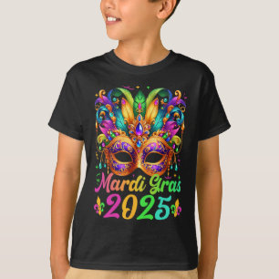 Camiseta Mardi Gras 2025 Máscara Penas Mardi Gras Family Co