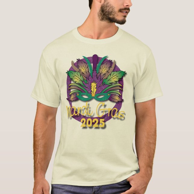 Camiseta Mardi Gras 2025 - T-shirt de máscara (branca) (Frente)