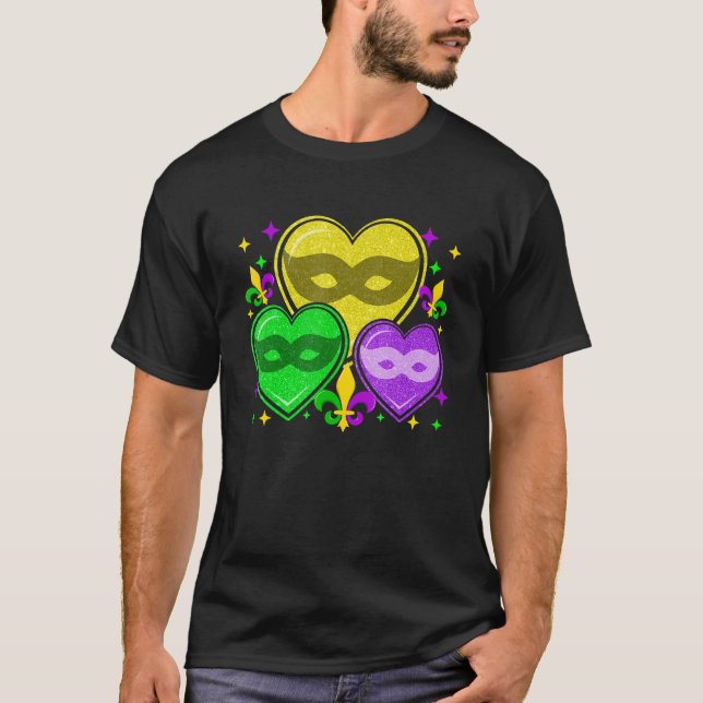 Camiseta Mardi Gras Adorava Corações Mascarando Mardi Gras  (Frente)