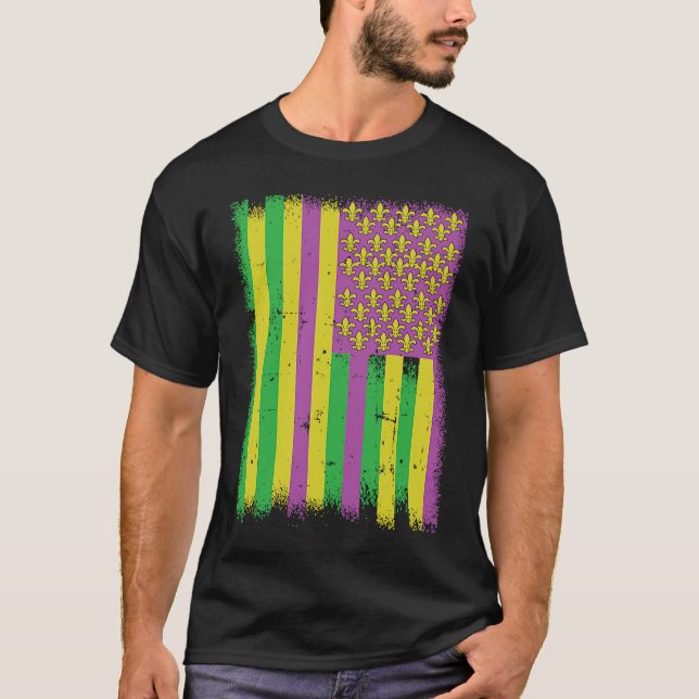 Camiseta Mardi Gras American Flag Green Purple (Frente)