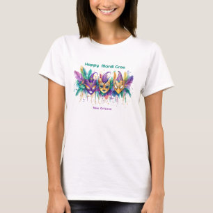 Camiseta 💚 💜 💛 Mardi Gras aquarela Mascarada Miscador