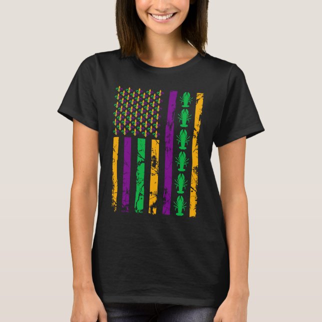Camiseta Mardi Gras, bandeira americana, com traje de lagos (Frente)
