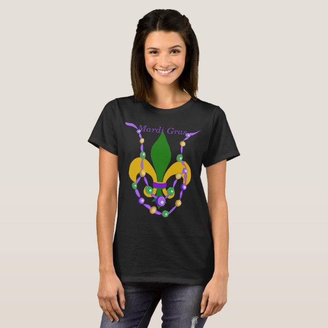 Camiseta Mardi Gras Bead Necklace e Fleur de Lis (Frente Completa)
