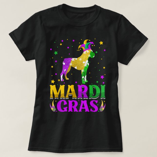 Camiseta Mardi Gras Boxer Dog Lover Carnaval Jester (Frente do Design)