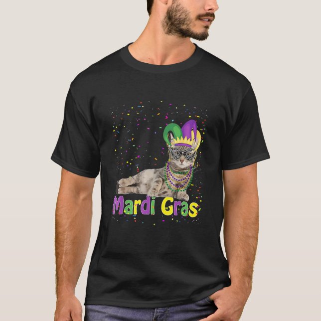 Camiseta Mardi Gras Cat Mardi Gras Bead Jester Hat Cat (Frente)
