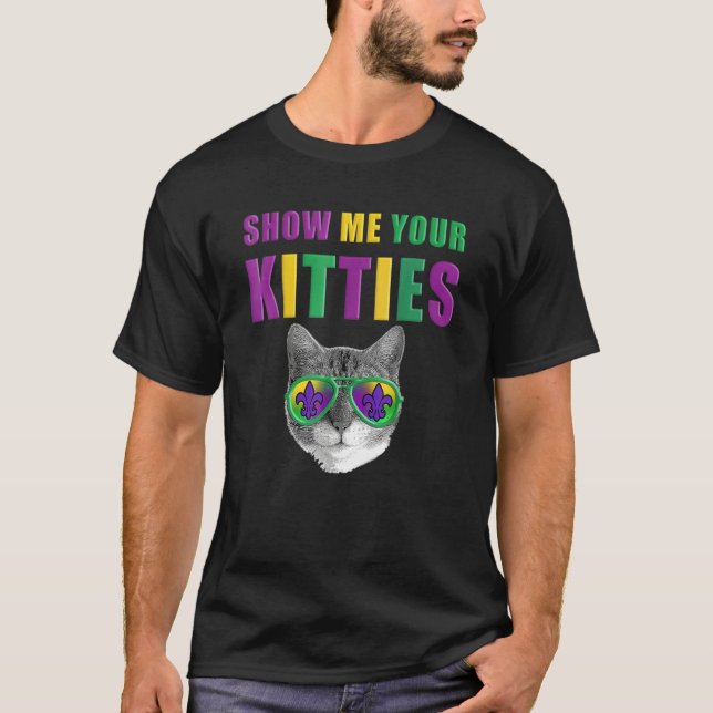 Camiseta Mardi Gras Cat Show Me Your Kitties (Frente)