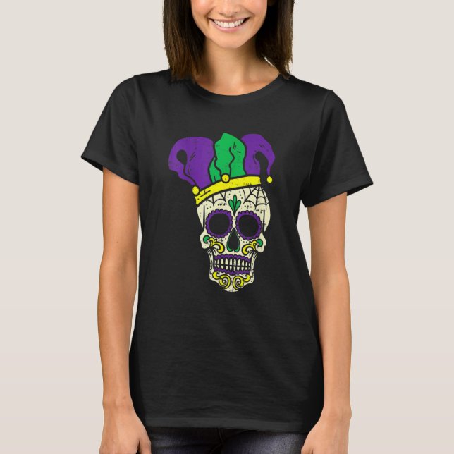 Camiseta Mardi Gras Cute Skull Jester Hat Masked Beads Fest (Frente)