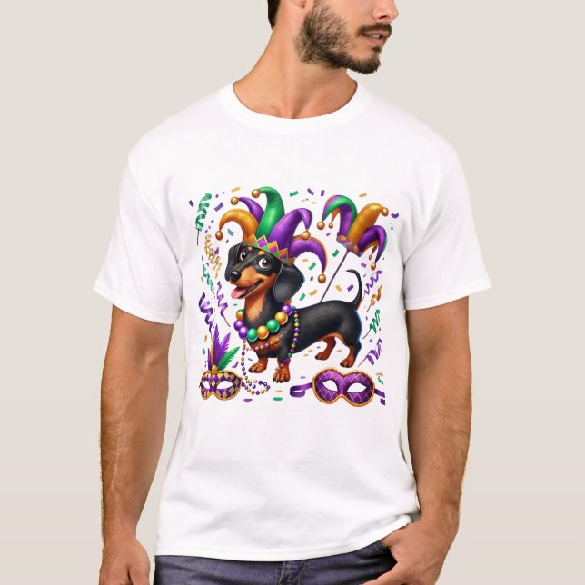 Camiseta Mardi Gras Dachshund Short Sleeve T Shirt, Unisex (Frente)