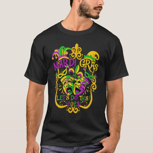 Camiseta Mardi Gras Deixa Fazer Isto 2023 Jester Hat Mask A (Frente)