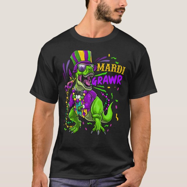 Camiseta Mardi Gras Dinossaur T Rex Funny Mardi Grawr Boys  (Frente)
