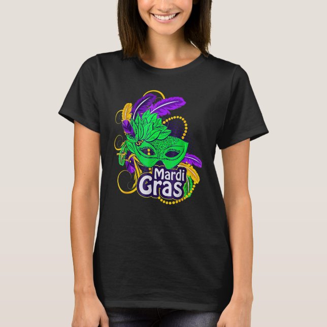 Camiseta Mardi Gras Feathers Mask Beads New Orleans Festiva (Frente)